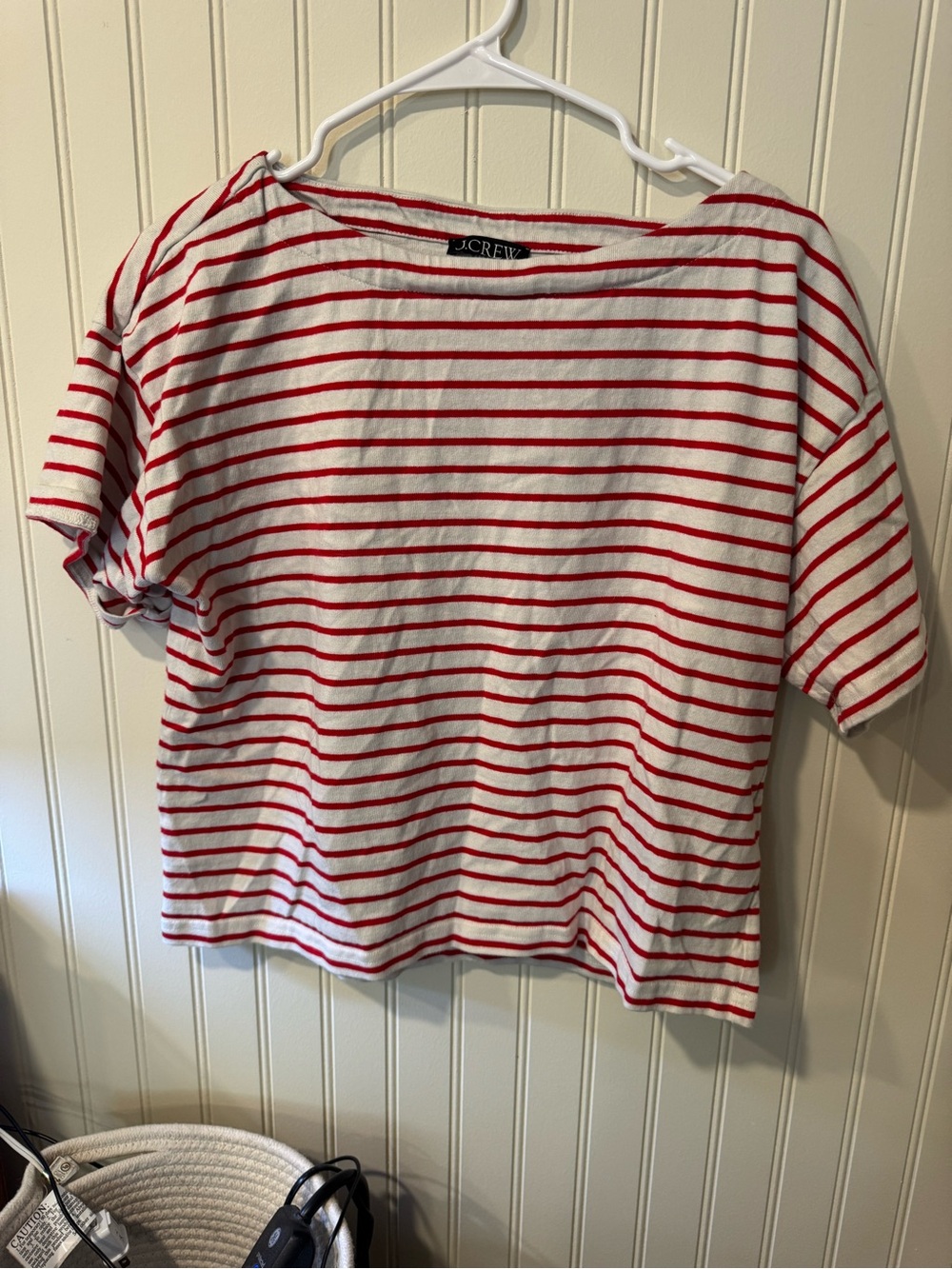 J. Crew White Tee with Red Stripes — Short Sleeve Boatneck